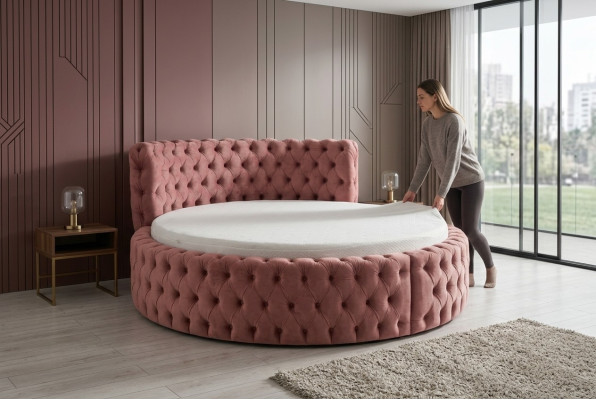 Letto rotondo in velluto Chesterfield di lusso imbottito Tessuto in stoffa Letti rotondi Hotel Nuovo
