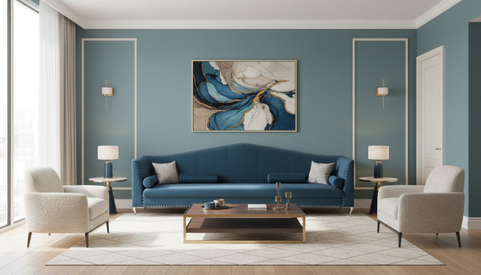 Divano Divano Imbottito Tessuto Pelle Divani Set Blu a 5 posti