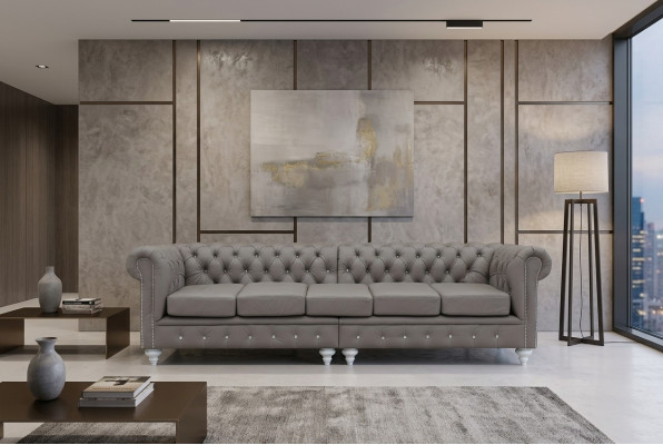 Divano Chesterfield in tessuto e pelle con imbottitura, composto da 5 posti.