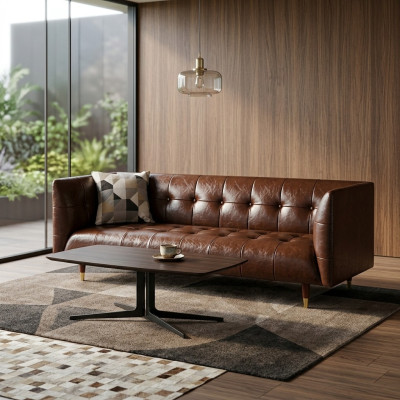 Sofà in pelle Chesterfield marrone di lusso a 3 posti.