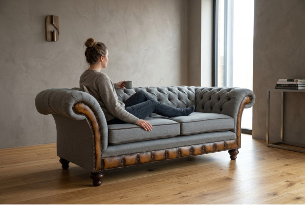 Grigio divano Chesterfield in tessuto divano divani divano sedere divani tessili nuovo tappezzeria