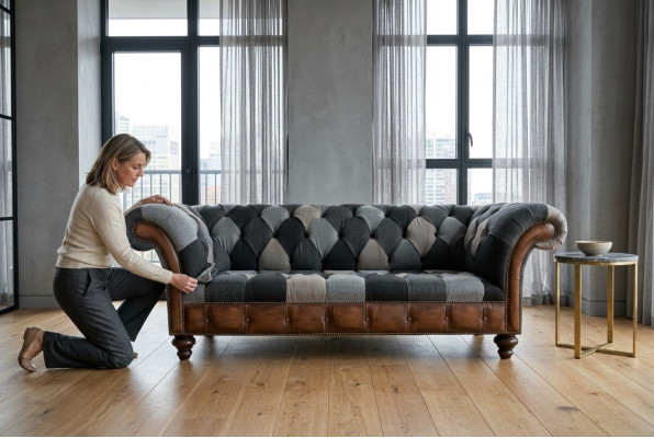 Divano Chesterfield design a 3 posti in stoffa.