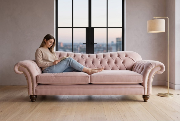 Divano Chesterfield classico 4 posti in velluto e pelle design rosa 240cm