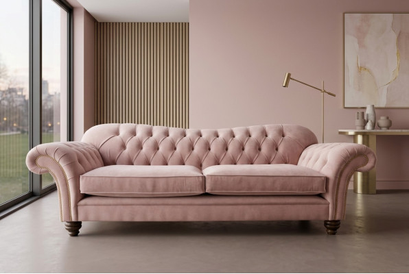 Divano Chesterfield classico 4 posti in velluto e pelle design rosa 240cm