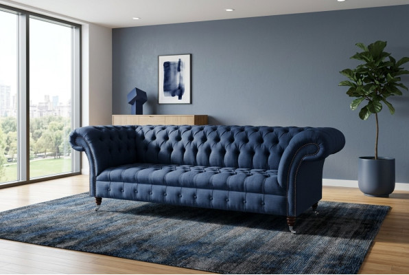 Testo in tessuto blu Chesterfield divano a 4 posti design poltrona