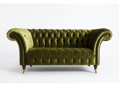 Divano classico Chesterfield 2 posti in velluto verde con cristalli tessili, nuovo.