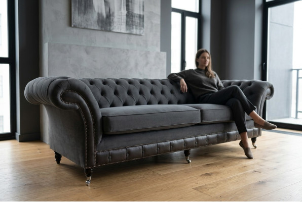 Chesterfield classico divano 4 posti in velluto pelle nera design nuovo