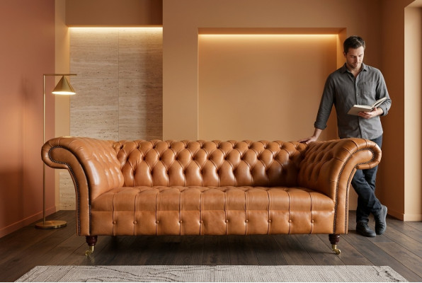 Marrone chiaro divano Chesterfield design moderno a tre posti.
