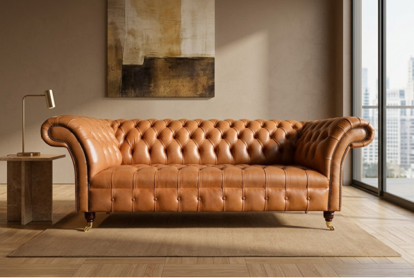 Marrone chiaro divano Chesterfield design moderno a tre posti.