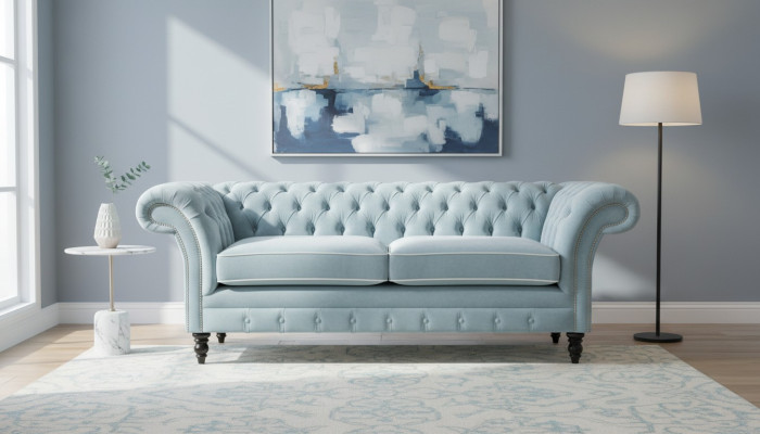 Divano Chesterfield moderno a tre posti blu chiaro per il lusso del salotto.