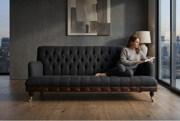 Divano Chesterfield classico a 3 posti in velluto e pelle blu design imbottito