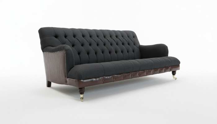 Divano Chesterfield classico a 3 posti in velluto e pelle blu design imbottito