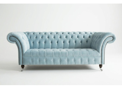 Chesterfield divano a 3 posti in pelle, stile moderno blu.