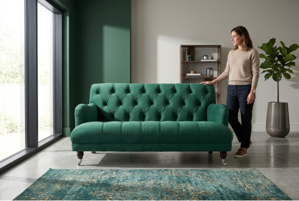 Chesterfield divano imbottito in pelle a 2 posti, stile moderno in tessuto verde.