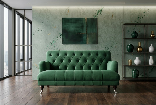 Chesterfield divano imbottito in pelle a 2 posti, stile moderno in tessuto verde.