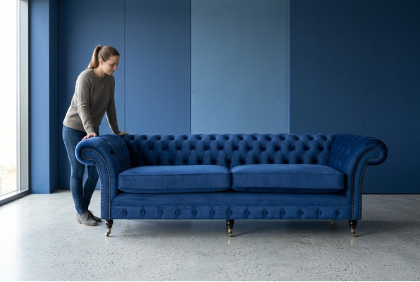 Divano Chesterfield classico 4 posti in velluto e pelle blu design imbottito.