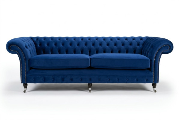 Divano Chesterfield classico 4 posti in velluto e pelle blu design imbottito.