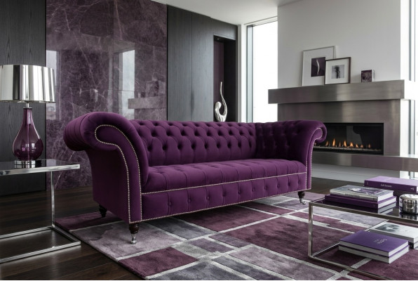 Chesterfield Originale Divano Sofa Tessile Divani Tessuto Viola 225 cm Sofà