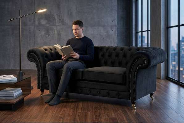 Divano originale Chesterfield JVMoebel in tessuto grigio 185 cm.