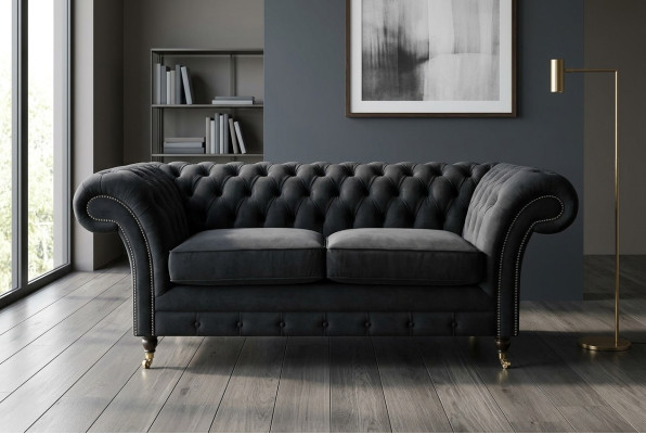 Divano originale Chesterfield JVMoebel in tessuto grigio 185 cm.