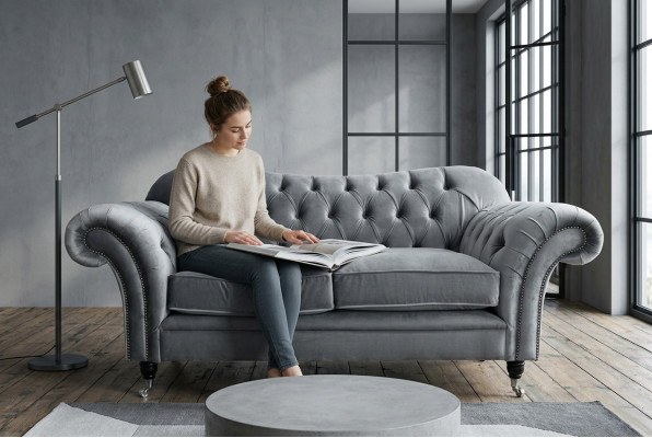 Chesterfield Originale Divano Tessuto Divani Grigio 200cm Divano