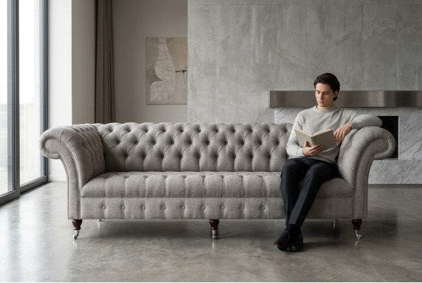 Divano in tessuto in stile Chesterfield, divani grandi xxl, seduta di 265 cm.