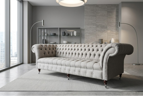 Divano in tessuto in stile Chesterfield, divani grandi xxl, seduta di 265 cm.