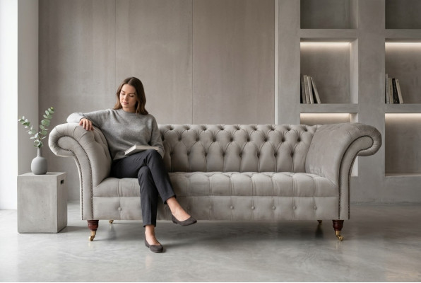 Elegante divano Chesterfield grigio chiaro da tre posti, lussuoso soggiorno tre posti.