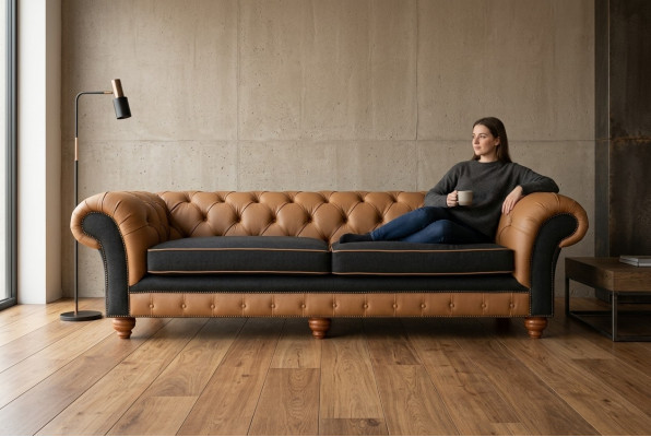 Divano Chesterfield marrone a 4 posti in velluto e pelle design.