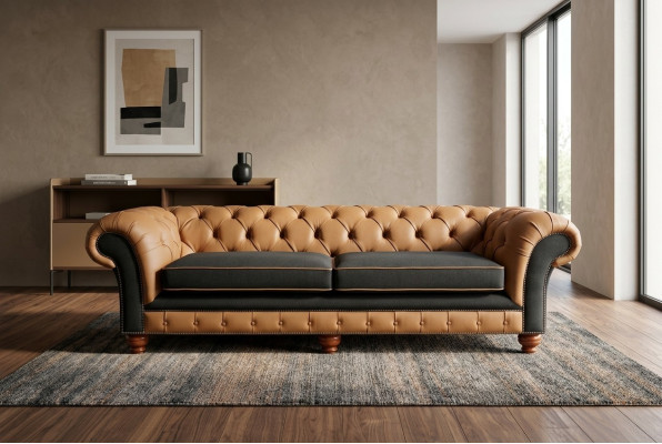 Divano Chesterfield marrone a 4 posti in velluto e pelle design.