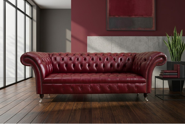 Divano Chesterfield rosso a tre posti, design 3 posti, divano di lusso