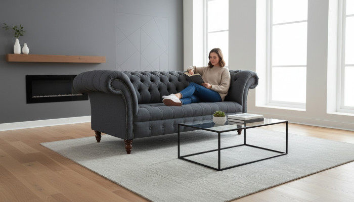 Sofà in tessuto grigio Chesterfield grigio a 3 posti Divano soggiorno di lusso
