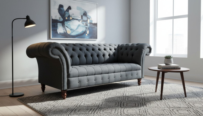 Sofà in tessuto grigio Chesterfield grigio a 3 posti Divano soggiorno di lusso