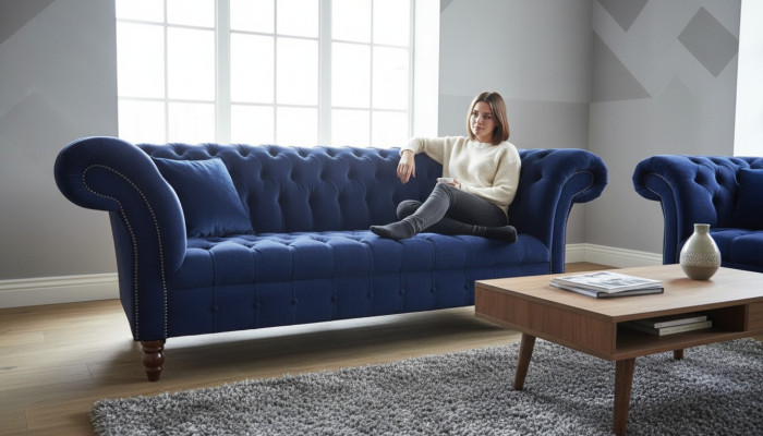 Sofa Chesterfield blu Design Divano Divani imbottiti Tessuto Tessuto Pelle