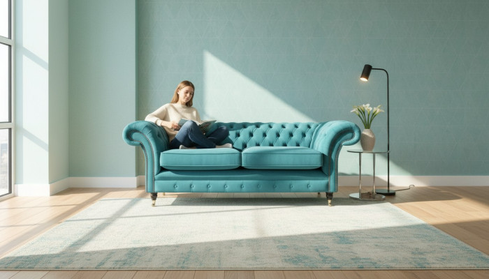 Divano Chesterfield turchese creato da designer, 3 posti, lussuoso divano da soggiorno