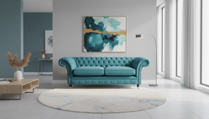 Divano Chesterfield turchese creato da designer, 3 posti, lussuoso divano da soggiorno