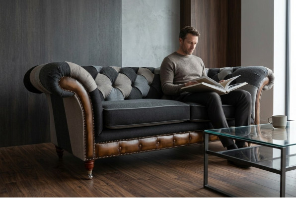 Divano Chesterfield resistente con cuscini in microfibra.