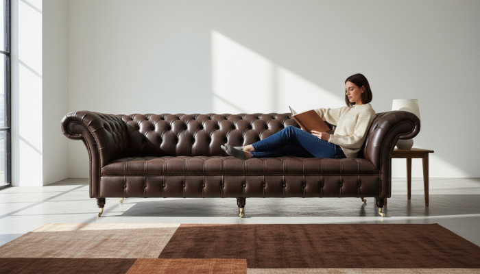 Divano Chesterfield marrone imbottito a 4 posti, divani da soggiorno di design.