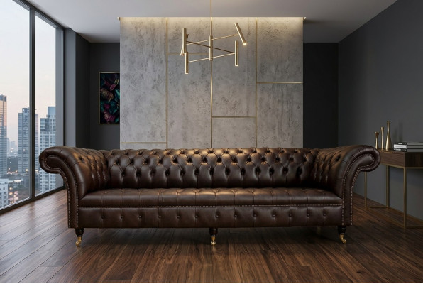 Divano Chesterfield marrone imbottito a 4 posti, divani da soggiorno di design.