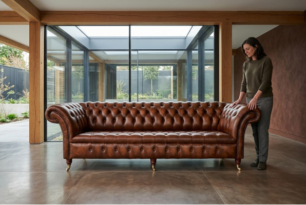 Chesterfield divano a 4 posti in stile moderno in pelle e stoffa.