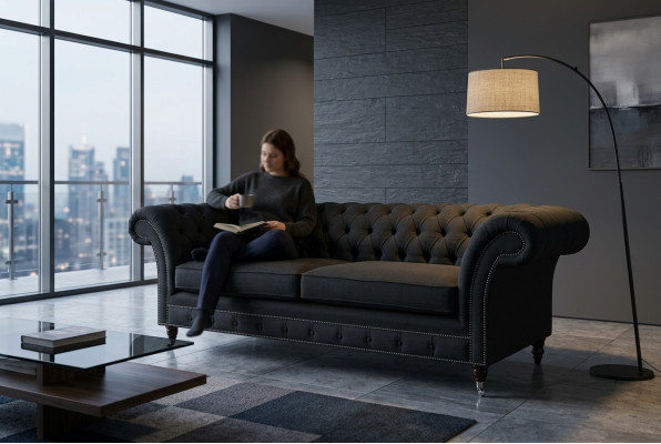 Sofà Chesterfield moderno nero a tre posti di lusso