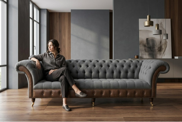 Design Chesterfield Divano 4 posti Grigio Divano Imbottito in Pelle Nuovo Soggiorno