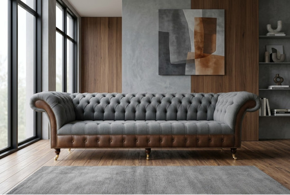 Design Chesterfield Divano 4 posti Grigio Divano Imbottito in Pelle Nuovo Soggiorno