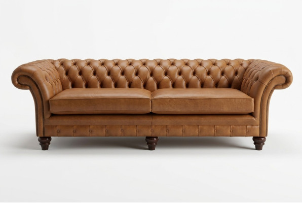 Divano Chesterfield marrone di lusso a 4 posti in tessuto imbottito.