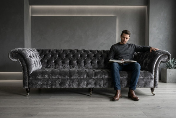 Designer Chesterfield Divano grigio di lusso 4 posti in tessuto