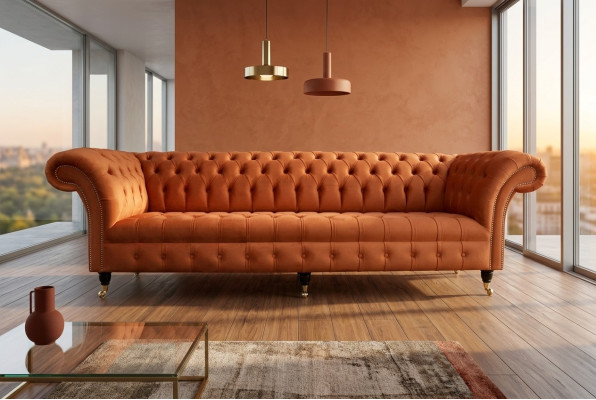 Divano imbottito Chesterfield in tessuto per divani di design in pelle di lusso a 4 posti da 265 cm.