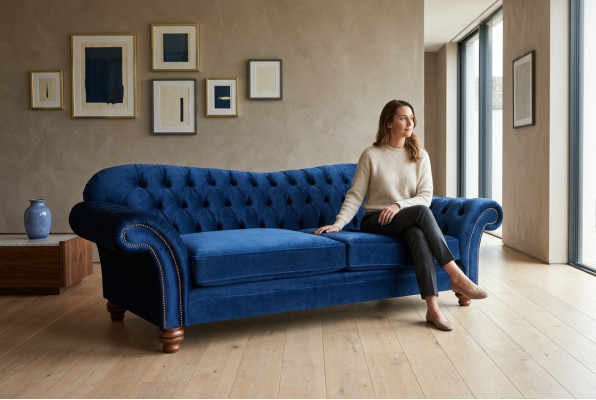Divano design 4 posti in tessuto blu, divano classico Chesterfield nuovo