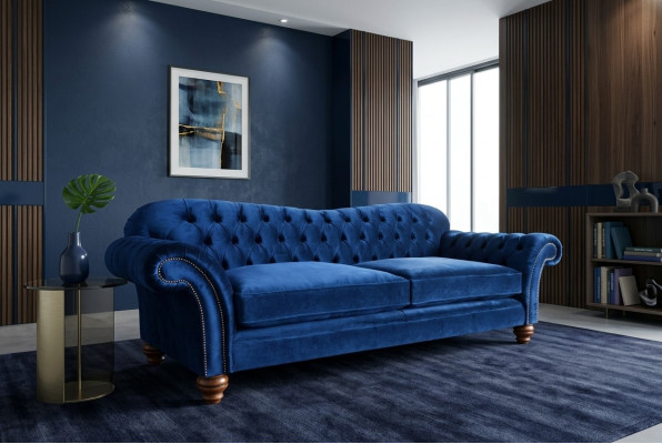 Divano design 4 posti in tessuto blu, divano classico Chesterfield nuovo