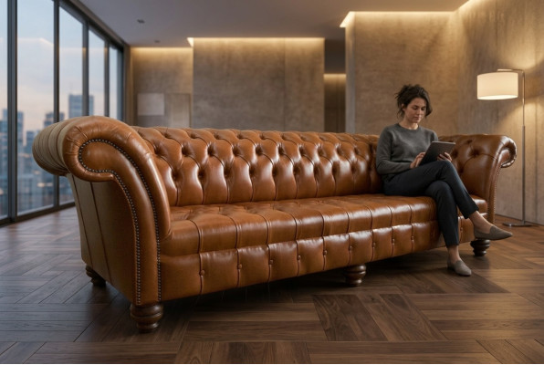 Divano Chesterfield marrone in pelle, 4 posti, xxl, divano grande, nuovi rivestimenti.