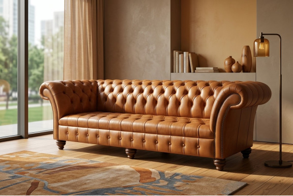 Divano Chesterfield marrone in pelle, 4 posti, xxl, divano grande, nuovi rivestimenti.